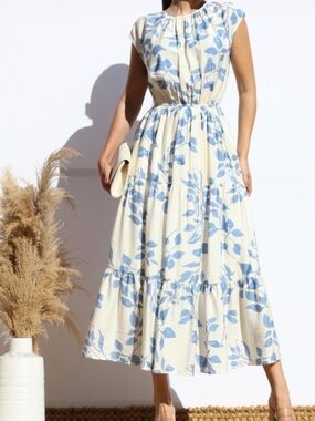 Cream and Blue Floral Tiered Maxi Dress - Elegant Women's Summer Dress
